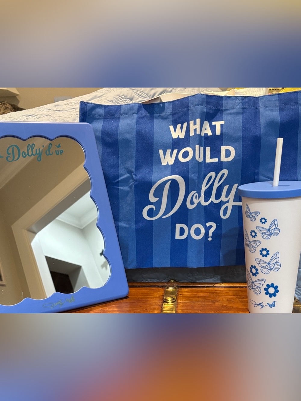 🦋🦋 New Dolly Parton Bundle of 3~Vanity mirror, Butterfly tumbler & Tote Bag🦋🦋